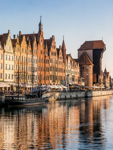 Illustrative view of colourful Gdańsk waterfront buildings