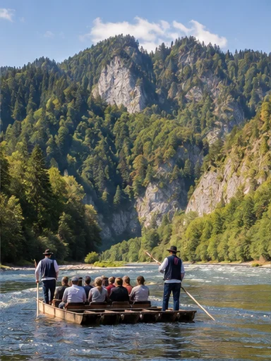 Illustrative view of rafting on the Dunajec beneath the Pieniny mountains